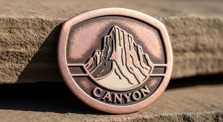 Vintage Canyon Badge Depicting Rocky Mountain Peak On Textured Stone Surface