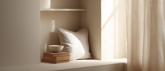 sunlit reading nook with linen curtains and wooden shelves, top view, monochrome palette, advertising mood, natural daylight, ample space for text, brand-safe, no logos