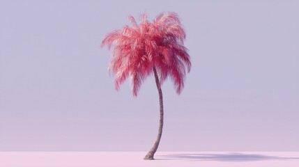 Obraz premium A solitary palm tree with pinkish red growth stands against a pastel lavender background,