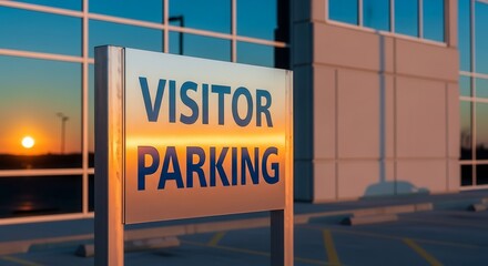 Visitor Parking Sign Illuminated By Sunset In Front Of Contemporary Architecture