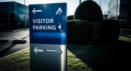 Visitor Parking Signage Directing Traffic Near Modern Corporate Office Buildings