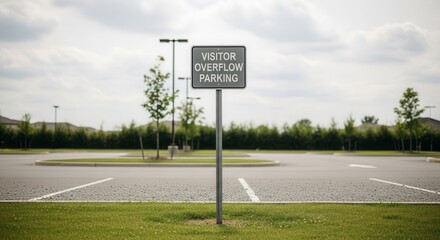 Visitor Parking Sign With Empty Spaces In An Overflow Lot On A Cloudy Day