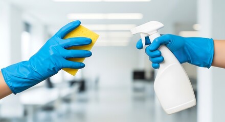 Gloved hands with cleaning spray and sponge, symbolizing thorough office hygiene and professional sanitation