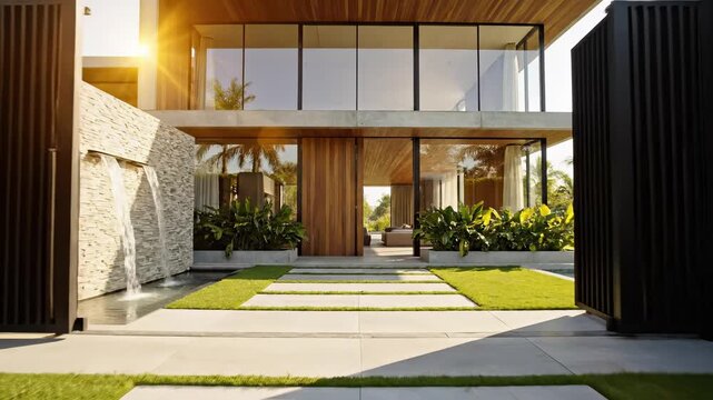Modern luxury home exterior with opening gates revealing an elegant entrance and green lawn on a sunny day for high-end lifestyle concept