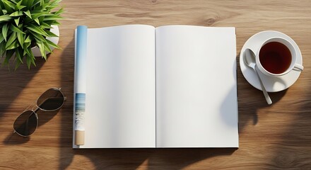 Top view of an open blank magazine or book on a wooden desk with a plant, sunglasses, and a cup of tea, ideal for mockups and lifestyle content