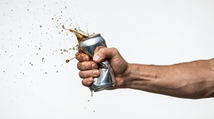 Hand crushing soda can with drink splashing on white background
