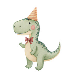 Cute watercolor dinosaur with party hat and bow tie celebrating kids birthday illustration