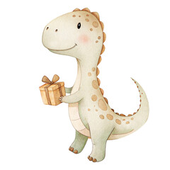 Cute birthday dinosaur holding a gift in soft pastel colors for kids party decor © ThemeRage