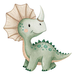 Cute Green Triceratops Dinosaur Illustration with Big Frill and Playful Horn Design