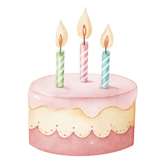 Pastel birthday cake with three striped candles in soft watercolor style
