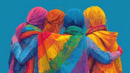 Women standing together holding pride flag representing inclusivity diversity and equal rights