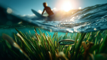 Ocean surface split view: surfer above, fish below gliding through seagrass, sunny summer feel, adventure lifestyle, with copy space