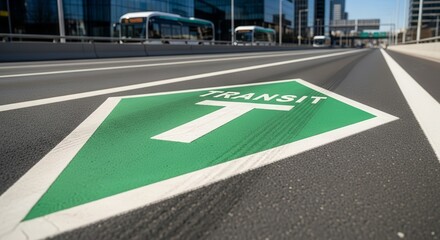 Urban Infrastructure: Dedicated Transit Lane Sign, with Bus Transport, in Modern Metropolis