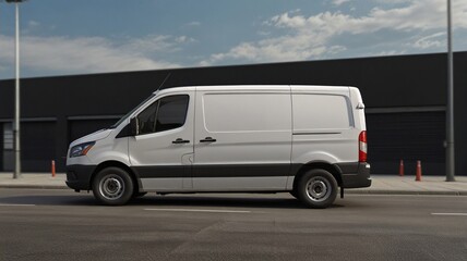 Photorealistic White Commercial Cargo Van Side View V9