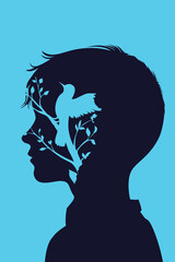 Silhouette illustration of a child’s profile filled with a bird and growing branches, symbolizing imagination, freedom, and emotional growth in a minimalist artistic style.