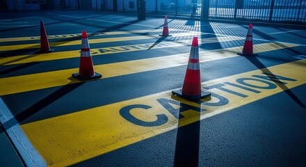 Warning Cones Signify Danger In An Industrial Zone With Caution Markings