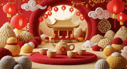 Cozy knitted tea ceremony set in a festive Lunar New Year setting  