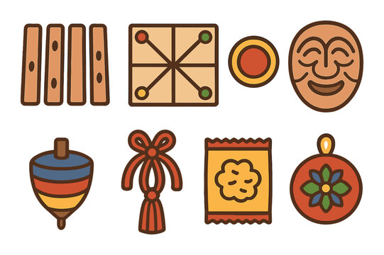 Traditional korean symbols: hahoetal mask, spinning top, yut sticks, lucky bag, knot, nol-ttwigi