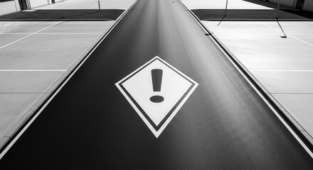 Warning Icon On Asphalt Roadway In Black And White Depicting A Hazard Zone