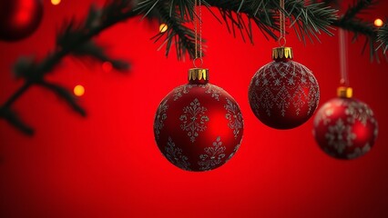 Elegant Red Christmas Ornament Hanging on Festive Evergreen Branch with Snowflake Details Against a Soft Red Holiday Background