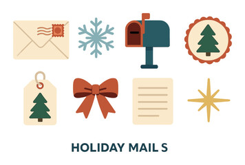 Festive holiday mail icons featuring envelope, mailbox, tree, bow, snowflake, star