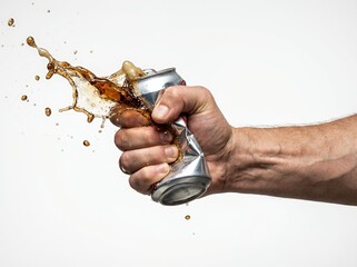 Hand crushing soda can with drink splashing on white background
