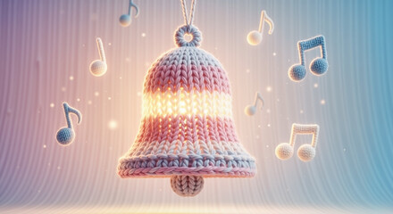 Knitted bell surrounded by floating musical notes in soft light  