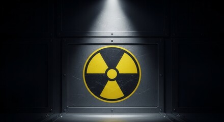 Warning: Radioactive Symbol Illuminated in a Metallic And Dark Environment