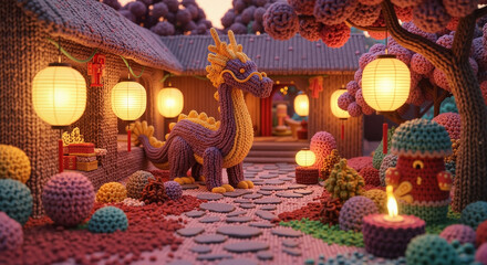 Dragon figure in colorful courtyard with glowing paper lanterns  