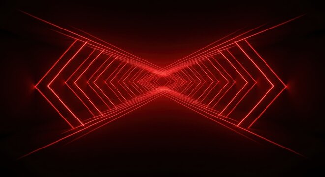 Abstract red neon tunnel with symmetrical geometric shapes in a dark and futuristic design scheme