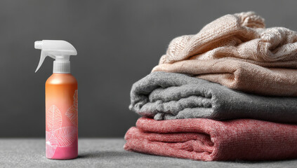 Fresh Fabric Aroma: An elegant stack of neatly folded clothing, paired with a stylish spray bottle of fabric freshener.