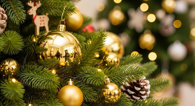 Close up of a Christmas tree with golden ornaments, a wooden reindeer, and pine cones, with another tree blurred in the background.