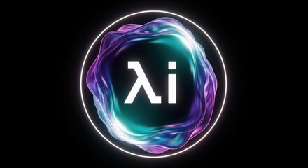 White lambda ai logo inside a colorful iridescent blob with a neon circle on a black background