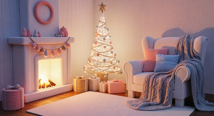 Cozy living room with Christmas tree and fireplace glowing warmly  