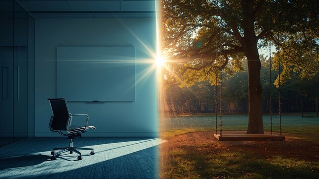Work-Life Balance Concept &ndash; Rolling Office Chair vs Tree Swing in Sunlight