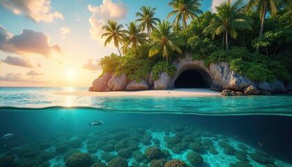 Tropical island paradise beach view shows cave and rich vegetation. Underwater half of shot shows coral reef and fish. Calm turquoise ocean water shines at sunset. Perfect travel vacation.