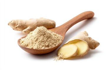 Ground ginger in a wooden spoon with fresh ginger root