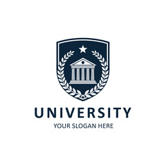 Classic university emblem logo with building and laurel wreath symbolizing education excellence