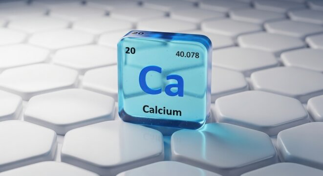 Calcium element symbol on a blue cube with white hexagonal shapes in the background in a close up view