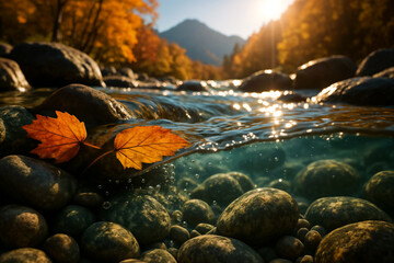 Crystal clear mountain stream flowing over smooth river rocks with autumn leaves creating color accents, split-level perspective showing both underwater elements and surface.
