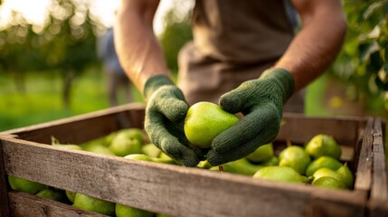 Farmer hands picking fresh pears in orchard, harvesting organic fruit into wooden crate, promoting healthy food and agriculture