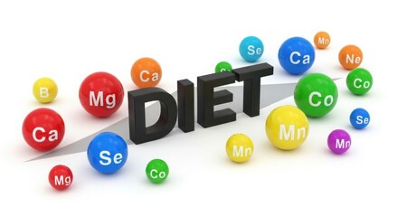 Diet text with colorful spheres representing minerals and vitamins on a white background