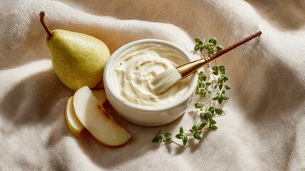 Pear and thyme nourishing facial cream with applicator brush for natural skincare and beauty routine