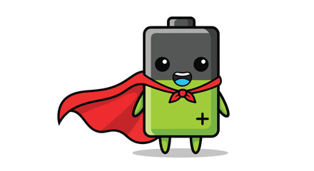 A cute green battery superhero character with a flowing red cape and a happy face.