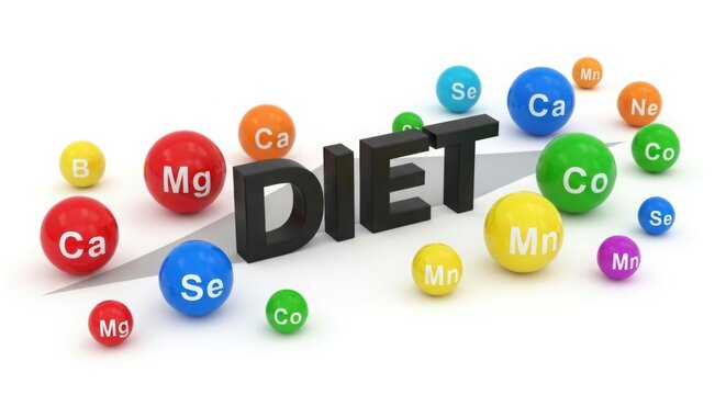 Diet text with colorful spheres representing minerals and vitamins on a white background - Powered by Adobe