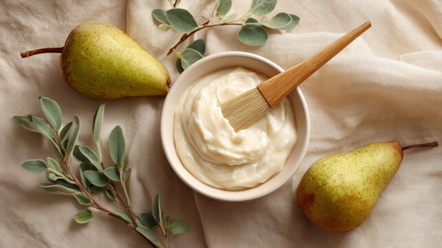 Natural skincare face mask with pear and sage ingredients, preparing organic beauty treatment for wellness and relaxation