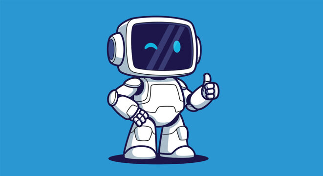 A friendly cartoon robot mascot winking and giving a thumbs up gesture.