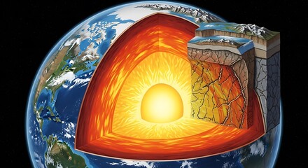 Detailed illustration showcasing the earths internal structure, revealing the core, mantle, crust, and tectonic plates in a cutaway view for educational purposes
