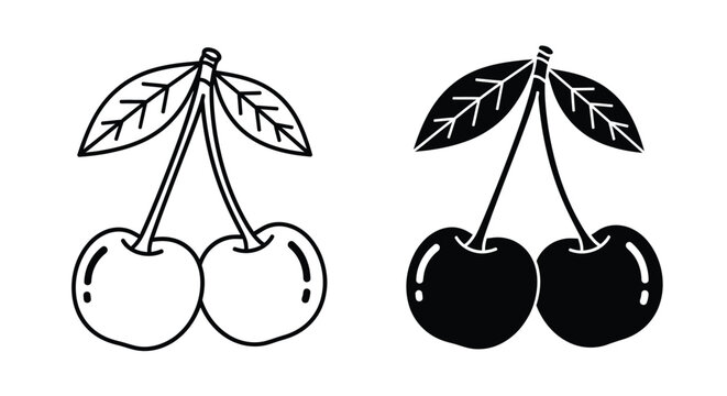 Two pairs of cherries one outlined one solid black side by side