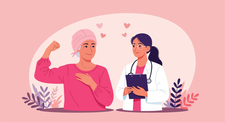 Cancer Survivor Celebrating Victory with Supportive Doctor Pink Theme.